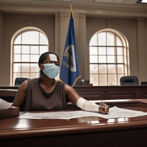 Person with a bandaged arm holding legal documents in a courtroom, with the Georgia state flag in the background.