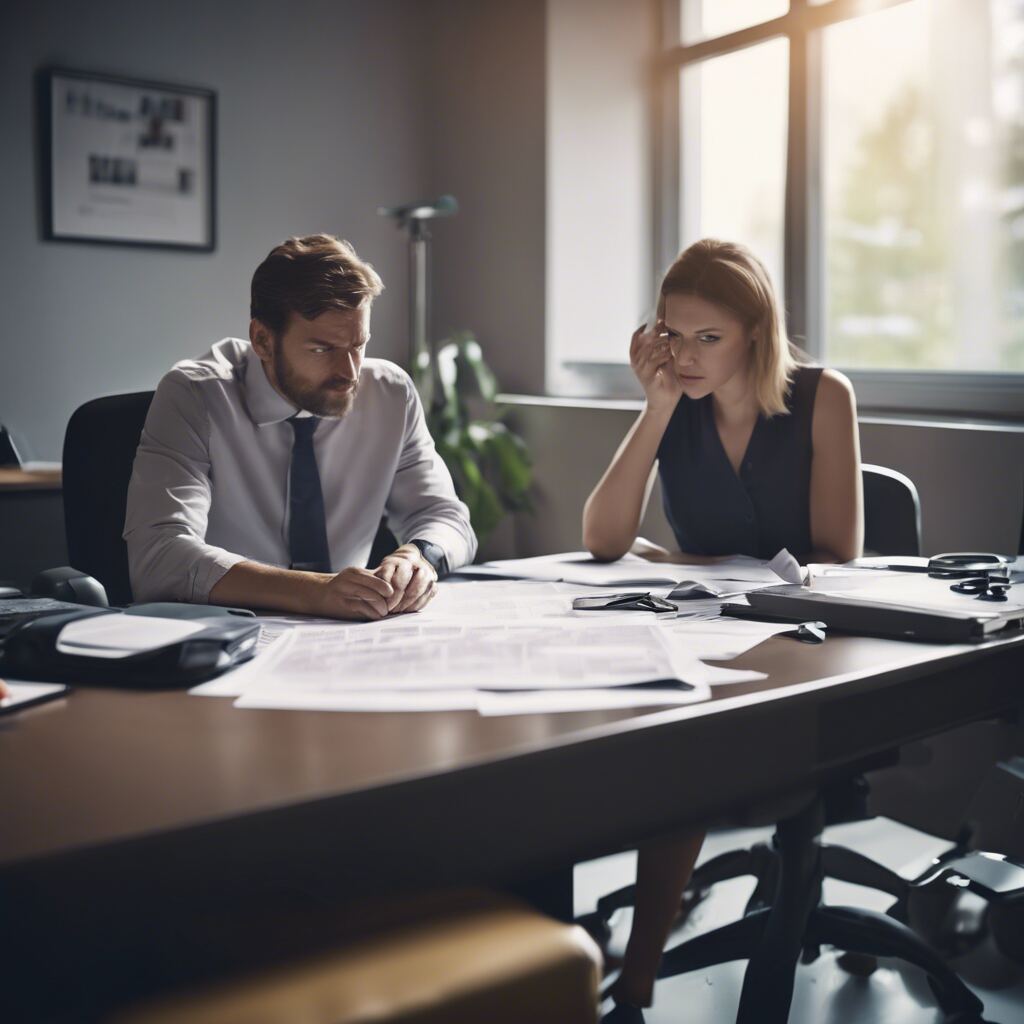 Two people in an office discussing over a desk with car accident images and insurance documents.