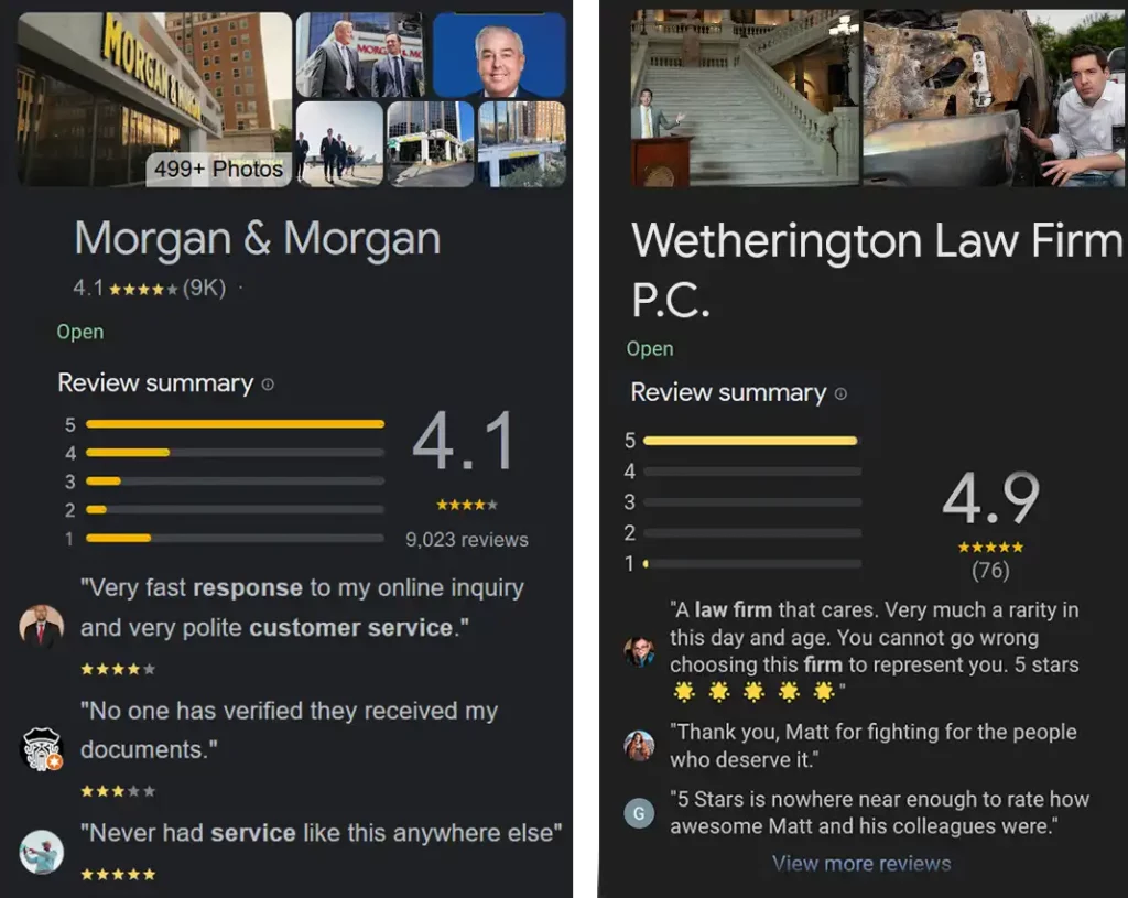 Morgan and Morgan is like a big toolbox with a tool for every problem. They have lots of lawyers who can handle all kinds of legal issues. But because they’re so big, they might not get to spend a lot of time on each person’s case. 